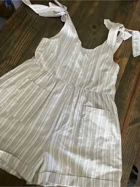 Linen Tie-Shoulder Romper Dress in Beige